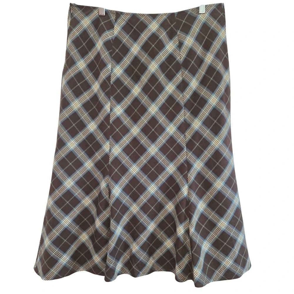 Dress Barn Retro Brown Blue Plaid A-Line Midi Skirt Paneled Bias Cut Lined Sz 16